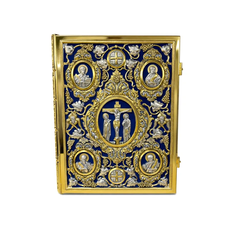 Evangeliario en tono dorado con Crucifixión y terciopelo azul